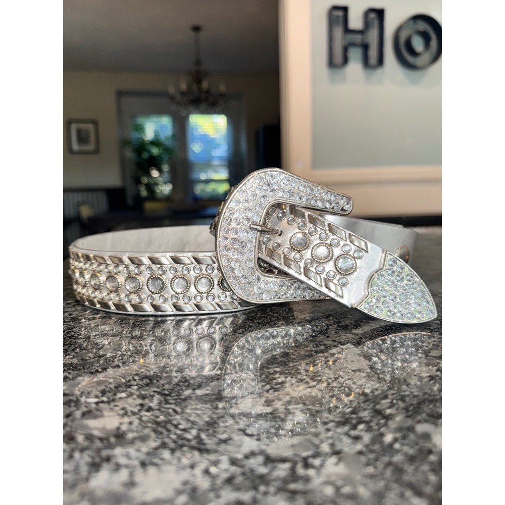 Y2K Silver Rhinestone Western Belt Crystal Bling Cowgirl Rodeo 41"